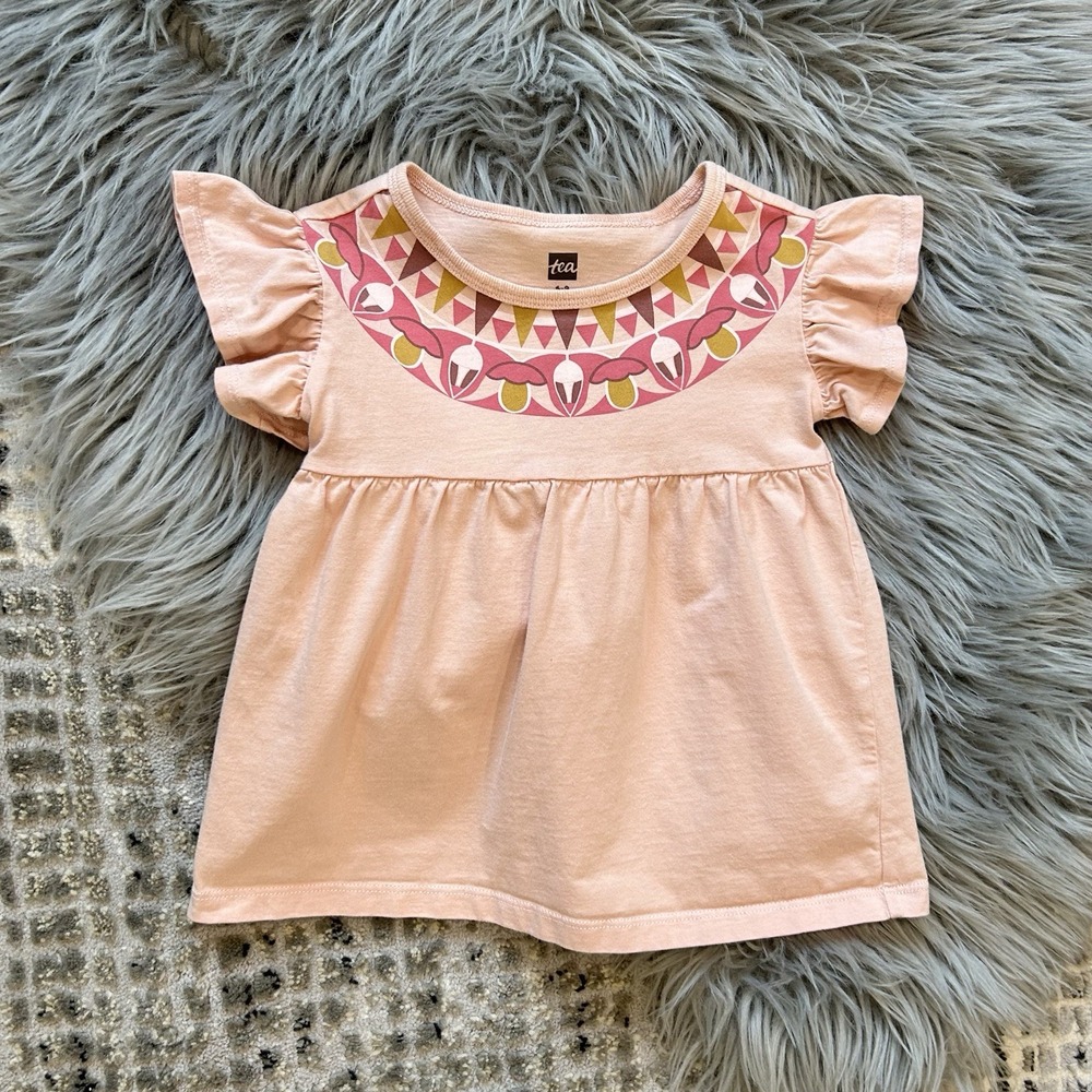Tea Collection Girls Ruffle Sleeve Floral Pink Top Size 6-9 Month